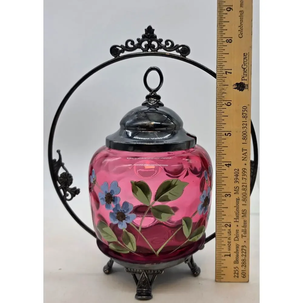VICTORIAN CRANBERRY IVT DECORATED PICKLE CASTOR FLORAL & LEAF DECORATION